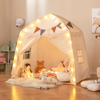 Costway Kinder Spielzelt indoor mit Flaggen & Lichterketten Bettzelt Extra Großes Spielhaus Zelt Leseecke Beige Costway Kinder Spielzelt indoor mit Flaggen & Lichterketten Bettzelt Extra Großes Spielhaus Zelt Leseecke Beige