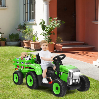 Costway 3-Gang Kinder Traktor 12V Aufsitztraktor mit abnehmbarem Anhänger & LED Lichtern Hupe & USB Funktionen Grün Costway 3-Gang Kinder Traktor 12V Aufsitztraktor mit abnehmbarem Anhänger & LED Lichtern Hupe & USB Funktionen Grün