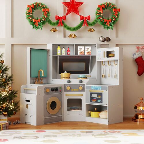 Costway Eckküche mit Lichtern & Geräuschen Holzküche mit herausziehbarem Mülleimer Vorhang Spüle Herd Mikrowelle Grau