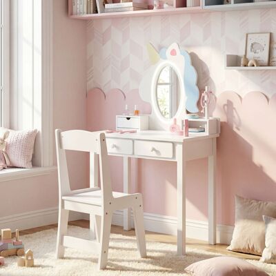 Costway Schminktisch Kinder 2 in 1 Einhorn Frisiertisch mit abnehmbarem Spiegel & 2 Lichtfarben Weiß Costway Schminktisch Kinder 2 in 1 Einhorn Frisiertisch mit abnehmbarem Spiegel & 2 Lichtfarben Weiß