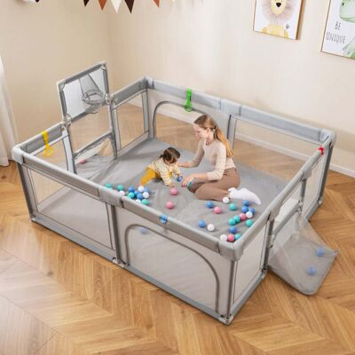 Costway 188 x 157 cm Baby Laufstall mit Basketballkorb Fußballtor faltbarem Kleinkind-Laufgitter mit Reißverschlusstür Hellgrau Costway 188 x 157 cm Baby Laufstall mit Basketballkorb Fußballtor faltbarem Kleinkind-Laufgitter mit Reißverschlusstür Hellgrau