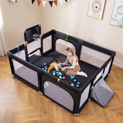 Costway 188 x 157 cm Baby Laufstall mit Basketballkorb Fußballtor faltbarem Kleinkind-Laufgitter mit Reißverschlusstür Dunkelgrau Costway 188 x 157 cm Baby Laufstall mit Basketballkorb Fußballtor faltbarem Kleinkind-Laufgitter mit Reißverschlusstür Dunkelgrau