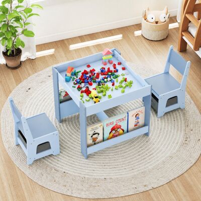 Costway 4 in 1 Kinder Tisch- & Stuhlset mit Wendem Tischplatte & Bücherregale Kindertisch-Set Blau Costway 4 in 1 Kinder Tisch- & Stuhlset mit Wendem Tischplatte & Bücherregale Kindertisch-Set Blau