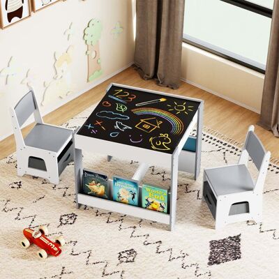 Costway 4 in 1 Kinder Tisch- & Stuhlset mit Wendem Tischplatte & Bücherregale Kindertisch-Set Grau Costway 4 in 1 Kinder Tisch- & Stuhlset mit Wendem Tischplatte & Bücherregale Kindertisch-Set Grau
