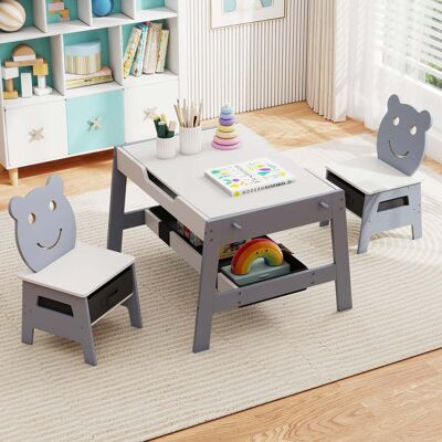 Costway 5 in 1 Kindertisch mit 2 Stühlen in Bärenform Maltisch mit Wendbarer Tafel & Whiteboard Grau Costway 5 in 1 Kindertisch mit 2 Stühlen in Bärenform Maltisch mit Wendbarer Tafel & Whiteboard Grau