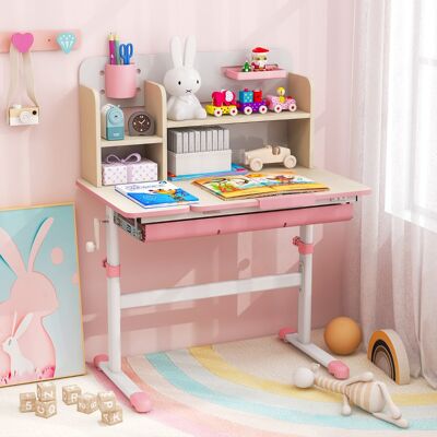 Costway Höhenverstellbarer Kinderschreibtisch mit Neigbarer Tischplatte & Regalen & Schublade Studiertisch Rosa Costway Höhenverstellbarer Kinderschreibtisch mit Neigbarer Tischplatte & Regalen & Schublade Studiertisch Rosa