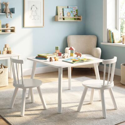 Costway Kindertisch und 2 Stühle Set Holz Kinder Aktivitätstisch-Set mit geschwungenen Spindel-Rückenlehnen Weiß Costway Kindertisch und 2 Stühle Set Holz Kinder Aktivitätstisch-Set mit geschwungenen Spindel-Rückenlehnen Weiß