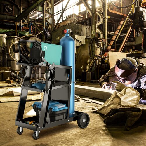 Costway Schweißwagen mit 3 Ablageflächen Schweißmobil Wagen für Schweßgeräte Schweißgerätwagen mit Kippschutzketten Schwarz