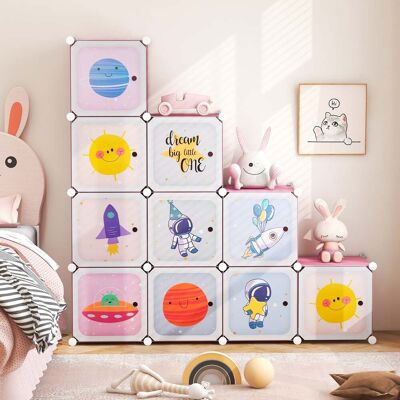Costway Kinder Kleiderschrank mit 2 Hängeabschnitten & 12 Würfeln Niedliche Cartoon-Kommode Rosa Costway Kinder Kleiderschrank mit 2 Hängeabschnitten & 12 Würfeln Niedliche Cartoon-Kommode Rosa