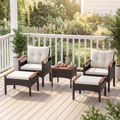 Costway Rattan Gartenmöbel Set inkl. 2 Stühle mit Hocker & Tisch & Kissen Akazienholz Balkonset Creme Costway Rattan Gartenmöbel Set inkl. 2 Stühle mit Hocker & Tisch & Kissen Akazienholz Balkonset Creme