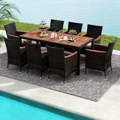 Costway 9 TLG. Rattan Gartenmöbel Set Outdoor Sitzgruppe 8 Stühle mit Gartentisch aus Akazienholz mit Schirmloch Braun Costway 9 TLG. Rattan Gartenmöbel Set Outdoor Sitzgruppe 8 Stühle mit Gartentisch aus Akazienholz mit Schirmloch Braun