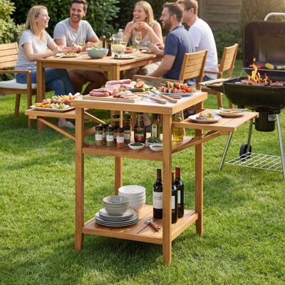 Costway Grilltisch mit Klappbaren Seitenablagen & 2-stufige Ablage BBQ-Tisch aus Akazienholz Kücheninsel Costway Grilltisch mit Klappbaren Seitenablagen & 2-stufige Ablage BBQ-Tisch aus Akazienholz Kücheninsel