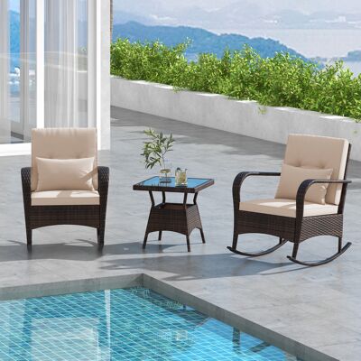Costway 3-Teiliges Gartenmöbel-Set 2 Rattan Schaukelstühlen mit Glastisch Outdoor Sitzgruppe mit Metallrahmen Costway 3-Teiliges Gartenmöbel-Set 2 Rattan Schaukelstühlen mit Glastisch Outdoor Sitzgruppe mit Metallrahmen