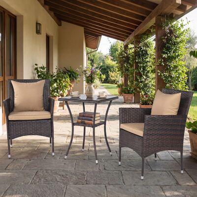 Costway 3 Teilig Gartenmöbel Set 2 Rattanstühle Glas Tisch Kissen Outdoor für Garten Veranda Poolbereich Beige Costway 3 Teilig Gartenmöbel Set 2 Rattanstühle Glas Tisch Kissen Outdoor für Garten Veranda Poolbereich Beige