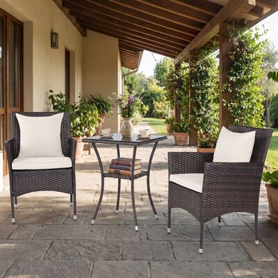 Costway 3 Teilig Gartenmöbel Set 2 Rattanstühle Glas Tisch Kissen Outdoor für Garten Veranda Poolbereich Off-White Costway 3 Teilig Gartenmöbel Set 2 Rattanstühle Glas Tisch Kissen Outdoor für Garten Veranda Poolbereich Off-White