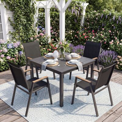 Costway 6er Set Gartenstühle Stapelstuhl Hochlehner aus Atmungsaktivem Teslin-Gewebe mit Holz Schwarz Costway 6er Set Gartenstühle Stapelstuhl Hochlehner aus Atmungsaktivem Teslin-Gewebe mit Holz Schwarz