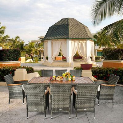 Costway 9 TLG. Rattan Gartenmöbel Set Sitzgruppe für 8 Personen Gartentisch mit Tischplatte aus Akazienholz mit Schirmloch Grau Costway 9 TLG. Rattan Gartenmöbel Set Sitzgruppe für 8 Personen Gartentisch mit Tischplatte aus Akazienholz mit Schirmloch Grau