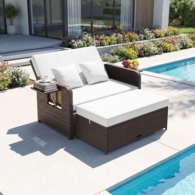 Costway 3 in 1 Lounge Möbel Rattan Gartenlounge Set mit Hocker Gartensofa mit Liegefunktion Weiß Costway 3 in 1 Lounge Möbel Rattan Gartenlounge Set mit Hocker Gartensofa mit Liegefunktion Weiß