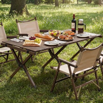 Costway Campingtisch Klappbar Picknicktisch aus Holz mit Aufrollbarer Tischplatte Tragbarer Klapptisch Kaffee Costway Campingtisch Klappbar Picknicktisch aus Holz mit Aufrollbarer Tischplatte Tragbarer Klapptisch Kaffee