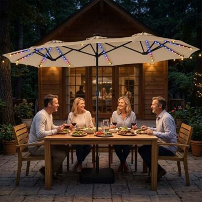 Costway Doppelsonnenschirm 370 x 200 cm Sonnenschirm mit Kurbel & Ständer Terrassenschirm mit 108 LED-Lichtern Beige Costway Doppelsonnenschirm 370 x 200 cm Sonnenschirm mit Kurbel & Ständer Terrassenschirm mit 108 LED-Lichtern Beige