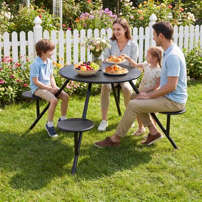 Costway Picknicktisch Set für 4 Personen Runder Gartentisch aus Metall mit Schirmloch & 4 Stühlen Schwarz Costway Picknicktisch Set für 4 Personen Runder Gartentisch aus Metall mit Schirmloch & 4 Stühlen Schwarz