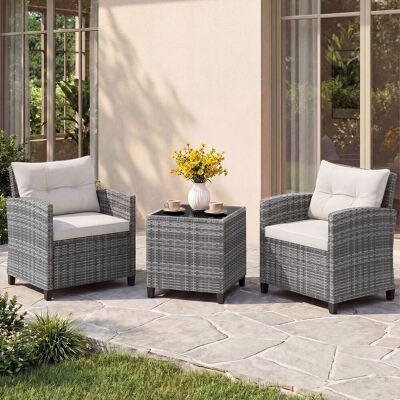 Costway Rattan Gartenmöbel Set 3-Teiliges Balkonmöbel mit 2 Sessel und Tisch mit Sicherheitsglas-Tischplatte Weiß Costway Rattan Gartenmöbel Set 3-Teiliges Balkonmöbel mit 2 Sessel und Tisch mit Sicherheitsglas-Tischplatte Weiß