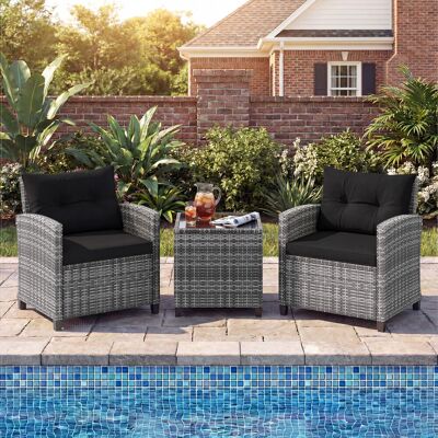 Costway Rattan Gartenmöbel Set 3-Teiliges Balkonmöbel mit 2 Sessel und Tisch mit Sicherheitsglas-Tischplatte Schwarz Costway Rattan Gartenmöbel Set 3-Teiliges Balkonmöbel mit 2 Sessel und Tisch mit Sicherheitsglas-Tischplatte Schwarz