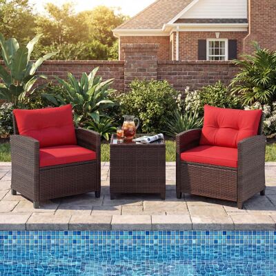 Costway Rattan Gartenmöbel Set 3-Teiliges Balkonmöbel mit 2 Sessel und Tisch mit Sicherheitsglas-Tischplatte Rot Costway Rattan Gartenmöbel Set 3-Teiliges Balkonmöbel mit 2 Sessel und Tisch mit Sicherheitsglas-Tischplatte Rot