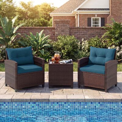 Costway Rattan Gartenmöbel Set 3-Teiliges Balkonmöbel mit 2 Sessel und Tisch mit Sicherheitsglas-Tischplatte Pfauenblau Costway Rattan Gartenmöbel Set 3-Teiliges Balkonmöbel mit 2 Sessel und Tisch mit Sicherheitsglas-Tischplatte Pfauenblau