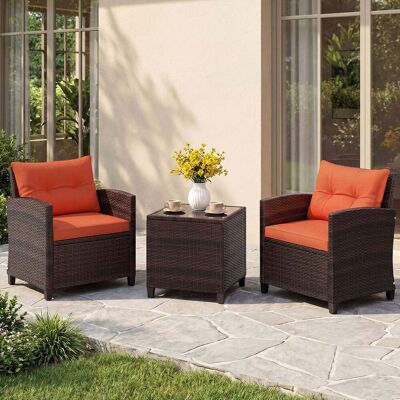 Costway Rattan Gartenmöbel Set 3-Teiliges Balkonmöbel mit 2 Sessel und Tisch mit Sicherheitsglas-Tischplatte Orange Costway Rattan Gartenmöbel Set 3-Teiliges Balkonmöbel mit 2 Sessel und Tisch mit Sicherheitsglas-Tischplatte Orange