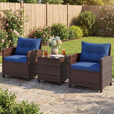 Costway Rattan Gartenmöbel Set 3-Teiliges Balkonmöbel mit 2 Sessel und Tisch mit Sicherheitsglas-Tischplatte Marineblau Costway Rattan Gartenmöbel Set 3-Teiliges Balkonmöbel mit 2 Sessel und Tisch mit Sicherheitsglas-Tischplatte Marineblau