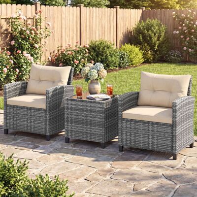 Costway Rattan Gartenmöbel Set 3-Teiliges Balkonmöbel mit 2 Sessel und Tisch mit Sicherheitsglas-Tischplatte Beige Costway Rattan Gartenmöbel Set 3-Teiliges Balkonmöbel mit 2 Sessel und Tisch mit Sicherheitsglas-Tischplatte Beige
