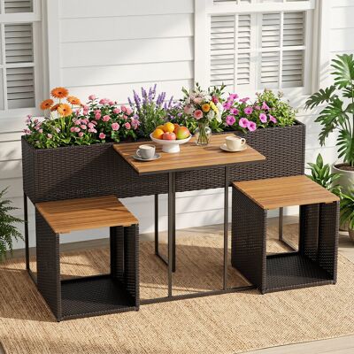 Costway Terrassenmöbel-Set mit Erhöhtem Gartenbeet PE-Rattan Gartenpflanztisch mit Integrierten Stühlen Braun Costway Terrassenmöbel-Set mit Erhöhtem Gartenbeet PE-Rattan Gartenpflanztisch mit Integrierten Stühlen Braun