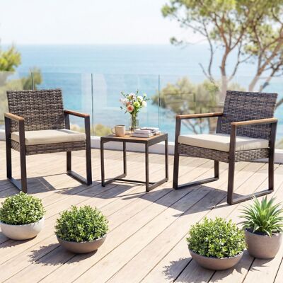Costway Balkonmöbel Set mit 2 Stühle & Beistelltisch & Weicher Kissen Sitzgruppe Lounge Set Beige Costway Balkonmöbel Set mit 2 Stühle & Beistelltisch & Weicher Kissen Sitzgruppe Lounge Set Beige