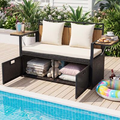 Costway Gartenbank mit Stauraum 2-Sitzer Truhenbank mit Kissen & Klappbaren Seitenablagen Sitzbank Rattan Weiß Costway Gartenbank mit Stauraum 2-Sitzer Truhenbank mit Kissen & Klappbaren Seitenablagen Sitzbank Rattan Weiß