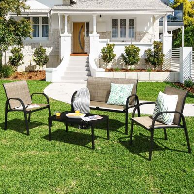 Costway - 4-Piece Outdoor Furniture Set - Braun - Glasstisch - Gartenmöbelset Costway - 4-Piece Outdoor Furniture Set - Braun - Glasstisch - Gartenmöbelset