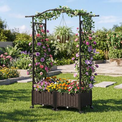 Costway 2 in 1 Blumenkasten mit Rankgitter & Hängendem Dach Rosenbogen mit 2 Pflanzkästen Braun Costway 2 in 1 Blumenkasten mit Rankgitter & Hängendem Dach Rosenbogen mit 2 Pflanzkästen Braun