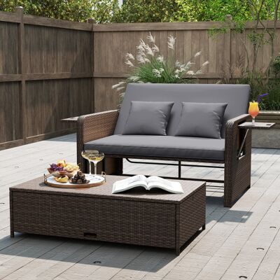 Costway 3 in 1 Polyrattan Sonnenliege mit Verstellbarer Rückenlehne & Seitenablagen Gartenliege Grau Costway 3 in 1 Polyrattan Sonnenliege mit Verstellbarer Rückenlehne & Seitenablagen Gartenliege Grau