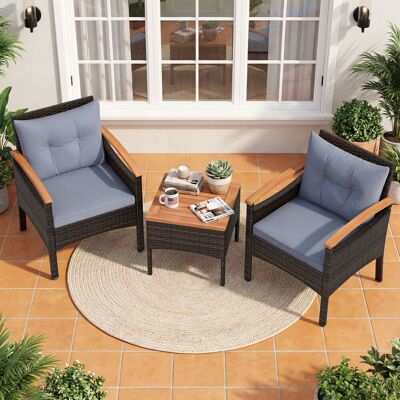 Costway 3tlg. Rattan Sitzgruppe Set mit 2 Sessel & 1 Beistelltisch Sitzgarnitur mit Akazienholzplatte & Sitzkissen Grau Costway 3tlg. Rattan Sitzgruppe Set mit 2 Sessel & 1 Beistelltisch Sitzgarnitur mit Akazienholzplatte & Sitzkissen Grau