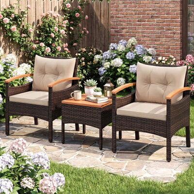 Costway 3tlg. Rattan Sitzgruppe Set mit 2 Sessel & 1 Beistelltisch Sitzgarnitur mit Akazienholzplatte & Sitzkissen Braun Costway 3tlg. Rattan Sitzgruppe Set mit 2 Sessel & 1 Beistelltisch Sitzgarnitur mit Akazienholzplatte & Sitzkissen Braun