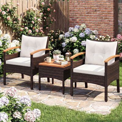 Costway 3tlg. Rattan Sitzgruppe Set mit 2 Sessel & 1 Beistelltisch Sitzgarnitur mit Akazienholzplatte & Sitzkissen Beige Costway 3tlg. Rattan Sitzgruppe Set mit 2 Sessel & 1 Beistelltisch Sitzgarnitur mit Akazienholzplatte & Sitzkissen Beige