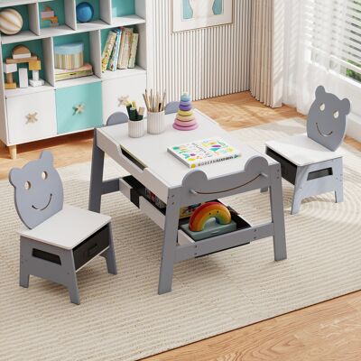 Costway 5 in 1 Maltisch mit Wendbarer Tafel & Whiteboard Kindersitzgruppe in Bärenform mit Stauraum Grau Costway 5 in 1 Maltisch mit Wendbarer Tafel & Whiteboard Kindersitzgruppe in Bärenform mit Stauraum Grau
