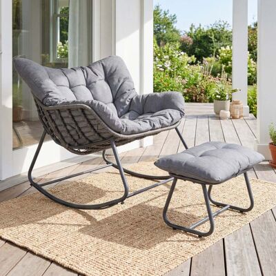 Costway Schaukelstuhl mit Hocker Schaukelsessel mit PE-Rattan & Metallrahmen ergonomischer Relaxsessel Grau Costway Schaukelstuhl mit Hocker Schaukelsessel mit PE-Rattan & Metallrahmen ergonomischer Relaxsessel Grau