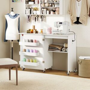 Costway Klappbarer Nähtisch mit Ladestation klappbarer Bastelwagen mit Regal & Schubladen Weiß Costway Klappbarer Nähtisch mit Ladestation klappbarer Bastelwagen mit Regal & Schubladen Weiß