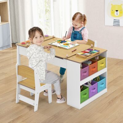 Costway Kinderkunsttisch mit 2 Stuhl & Seitliche Offene Regal aus Holz mit Anhebbarer Tischplatte Natur Costway Kinderkunsttisch mit 2 Stuhl & Seitliche Offene Regal aus Holz mit Anhebbarer Tischplatte Natur