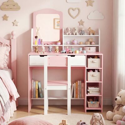 Costway Schminktisch Kinder Frisiertisch mit Spiegel & Hocker Kosmetiktisch mit Regalen & 2 Schubladen Weiß Costway Schminktisch Kinder Frisiertisch mit Spiegel & Hocker Kosmetiktisch mit Regalen & 2 Schubladen Weiß