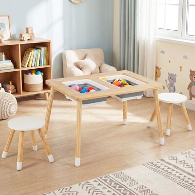 Costway Sinnes- und Spieltisch mit 2 Hockern Kindertisch- und Stuhlset mit abnehmbaren doppelseitigen Tischplatten Natur Costway Sinnes- und Spieltisch mit 2 Hockern Kindertisch- und Stuhlset mit abnehmbaren doppelseitigen Tischplatten Natur