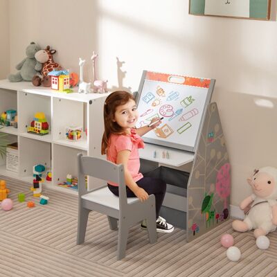 Costway Doppelseitiges Kindertisch & Stuhl-Set mit Magnetischer Tafel & Whiteboard & Bücherregal Grau Costway Doppelseitiges Kindertisch & Stuhl-Set mit Magnetischer Tafel & Whiteboard & Bücherregal Grau