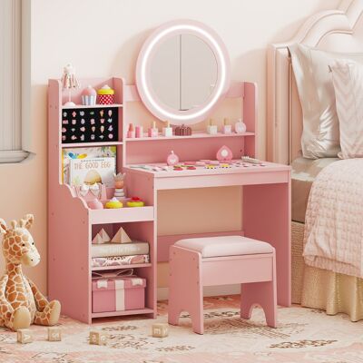 Costway Kinder Schminktisch mit Spiegel & Licht Prinzessin Spieltisch mit Regal Ringschlitzen & gepolstertem Hocker Rosa Costway Kinder Schminktisch mit Spiegel & Licht Prinzessin Spieltisch mit Regal Ringschlitzen & gepolstertem Hocker Rosa
