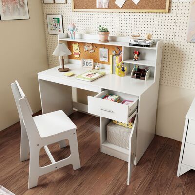 Costway Kinderschreibtisch & Stuhl Set Kinder Schreibtisch aus Holz mit Regalen & Schublade Weiß Costway Kinderschreibtisch & Stuhl Set Kinder Schreibtisch aus Holz mit Regalen & Schublade Weiß